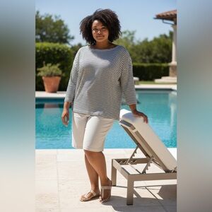 Eileen Fisher Classic Black White Breton Striped 100% Cotton Boat Neck‎ Top Sz M